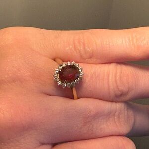 Elegant 14k Gold and Red Citrine Gemstone and Diamond Halo Ring